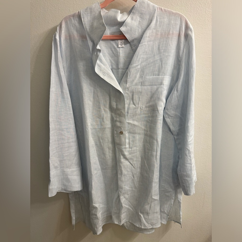 NWOT 100% linen tunic in blue & white; size XL (f16-18); never worn